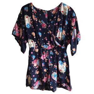Dark Floral Print Romper Playsuit Size S Batwing Challis Short Suit One Piece